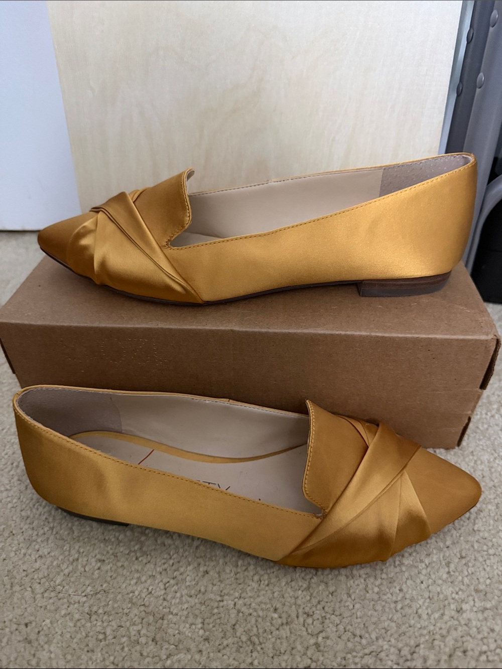 Sole Society Gold Satin Pointed-Toe Flats with Twist Vamp